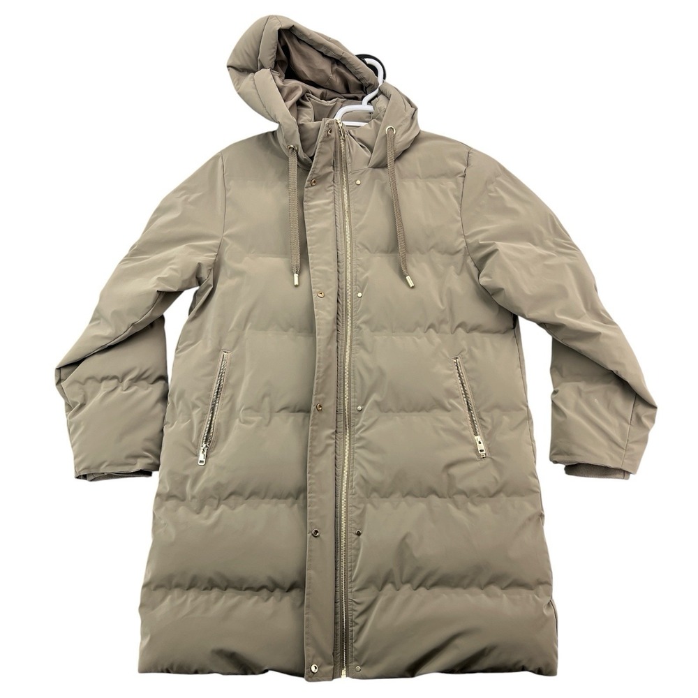 ZARA Women's XL Long Puffer Coat Taupe Beige Hooded Winter Jacket 3046/211/706